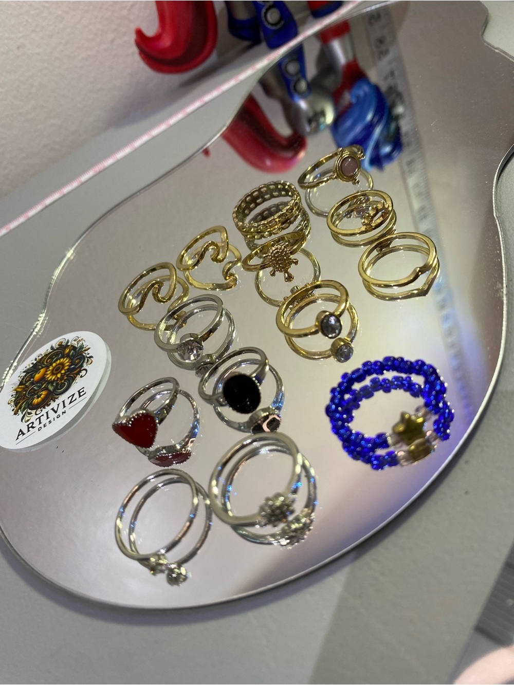 14 set Mixed Metal Women's Ring Set with Beaded Accent